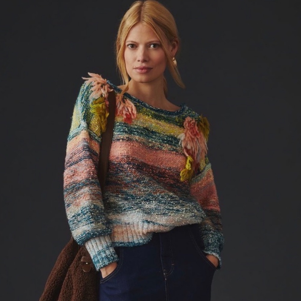 NWT Anthropologie Embellished Knit Ombre Sweater size L